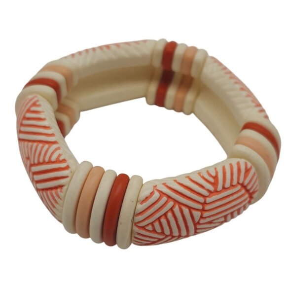 Vintage Inspired Tribal Stretch Bracelet Ivory  Burnt Orange Geometric Design - Picture 2 of 4
